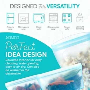 Reusable food container silicone bag, Full Set 6, 2 Cups, 2 Dishes, 2 Bags Zip Containers Storage, 100% Silicone Reusable Food Bag, Stand Up Preservation Bag, Rounded interior for easy cleaning.