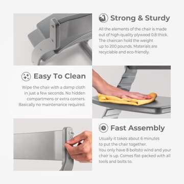 FORNEL Wooden High Chair for Babies and Toddlers - Adjustable Height Easy to Clean Toddler Highchair - Kids Dining Chair from 3 Years to 200 Lb, Grow with Child (Grey)