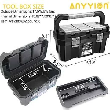 Anyyion 17-Inch Tool box with Removable Tray with Stainless Steel Dual Lock Secured,Small Parts Box, Metal Handle is Truly Rugged（17In）