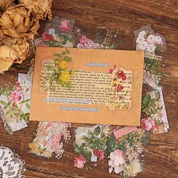 Dizdkizd Die Cut Gold Foil Floral Stickers (180 Pieces), Transparent Aesthetics Sticker Set Vintage Flower Decals for Scrapbooking Card Making Journaling Paper Crafting