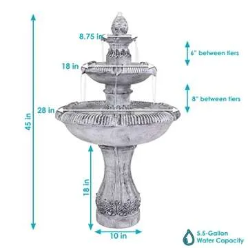 Sunnydaze 45-Inch 3-Tier Mediterranean Outdoor Water Fountain - Glass Fiber Reinforced Concrete Construction - Gray