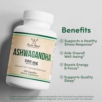 Ashwagandha Capsules, 120 Count (500mg Extract 20:1 Potency) Adaptogen Stress Relief by Double Wood