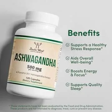 Ashwagandha Capsules, 120 Count (500mg Extract 20:1 Potency) Adaptogen Stress Relief by Double Wood