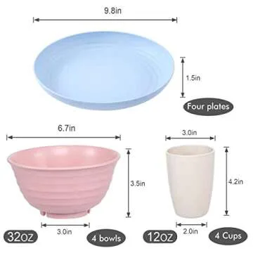 12pcs Plastic Wheat Straw Dinnerware Sets, Wheat Straw Plates and Bowls Sets for 4 College Dorm Room Essentials Microwave Dishwasher Safe (Colourful)