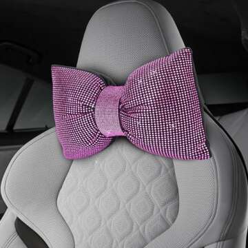 2 PCS Bling Car Pillows,Rhinestones Bowknot Car Headrest Pillow,Car Neck Pillow for Driver Relax Necksupport,Sleeping Travel Support Neck Pillow,Shiny Diamond Interior Accessories for Women,Pink