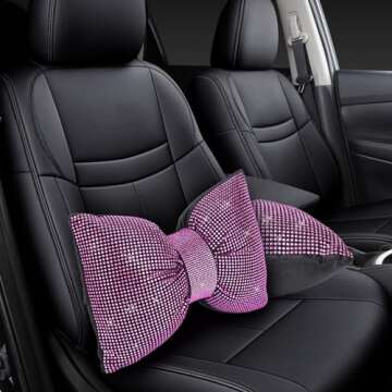 2 PCS Bling Car Pillows,Rhinestones Bowknot Car Headrest Pillow,Car Neck Pillow for Driver Relax Necksupport,Sleeping Travel Support Neck Pillow,Shiny Diamond Interior Accessories for Women,Pink