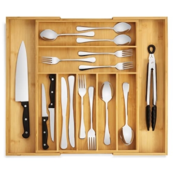 Purawood Large Bamboo Silverware Organizer - Expandable Utensil Storage