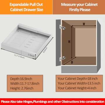 SJTOEB Expanded Pull Out Cabinet Organizer, Pull Out Drawers for cabinets with Adhesive Film, Slide Out Drawers for Kitchen cabinets (Expandable11.7-17.8" W x 16.9" D x 2.76" H) (White, 16.9" Depth)