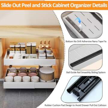 SJTOEB Expanded Pull Out Cabinet Organizer, Pull Out Drawers for cabinets with Adhesive Film, Slide Out Drawers for Kitchen cabinets (Expandable11.7-17.8" W x 16.9" D x 2.76" H) (White, 16.9" Depth)