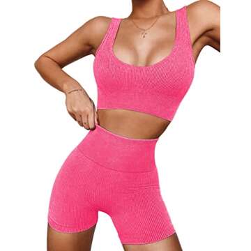 OQQ Athletic 2 Piece Outfit for Women Ribbed Acid Wash Seamless High Waist Shorts With Tank Top Exercise Set Rose