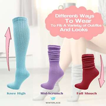Winterlace 6 Pairs Slouch Socks for Women, Heavy Extra Long Cotton Scrunch Crew Sock, Bulk pack (Ass...