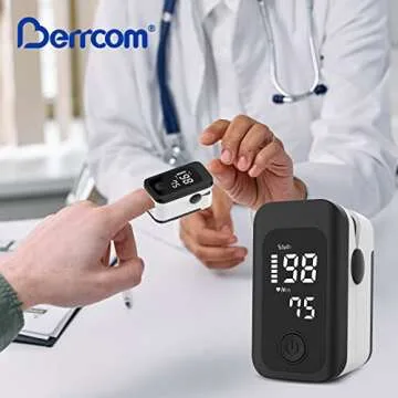 Berrcom Pulse Oximeter Blood Oxygen Saturation Monitor Finger High Accuracy Sats Monitor for Children Adults with LED Display, Batteries and Lanyard