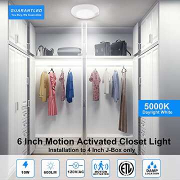 Closet Lights Motion Sensored, LED Closet Light Motion Activated, 5000K Daylight 6-7/8 Inch 10W Motion Sensor Ceiling Light, Closet Lights Wired, Pantry Light 90CRI, No Battery, Damp Rated ETL