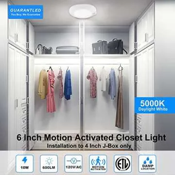 Closet Lights Motion Sensored, LED Closet Light Motion Activated, 5000K Daylight 6-7/8 Inch 10W Motion Sensor Ceiling Light, Closet Lights Wired, Pantry Light 90CRI, No Battery, Damp Rated ETL