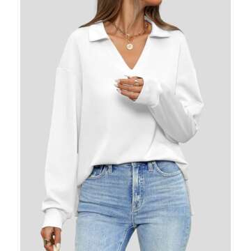 Casly Lamiit Womens Sweatshirt Dressy Casual Long Sleeve Tops Trendy Fall Athletic Tennis Golf Soft Sweatshirts Collared Teen Girl Clothes White M