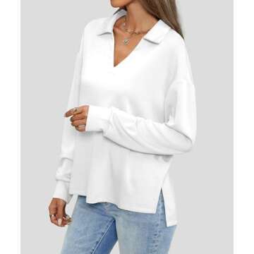Casly Lamiit Womens Sweatshirt Dressy Casual Long Sleeve Tops Trendy Fall Athletic Tennis Golf Soft Sweatshirts Collared Teen Girl Clothes White M