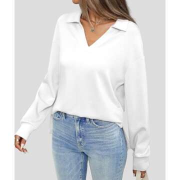 Casly Lamiit Womens Sweatshirt Dressy Casual Long Sleeve Tops Trendy Fall Athletic Tennis Golf Soft Sweatshirts Collared Teen Girl Clothes White M