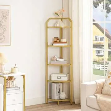 HOOBRO 5-Tier Corner Shelf Stand, Gold Corner Bookshelf, Tempered Glass Shelves, Bathroom Organizer,...