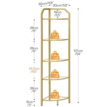 HOOBRO 5-Tier Corner Shelf Stand, Gold Corner Bookshelf, Tempered Glass Shelves, Bathroom Organizer, Corner Plant Stand, for Living Room, Study, Balcony, Home Office, Modern Style, Gold GD15CJ01