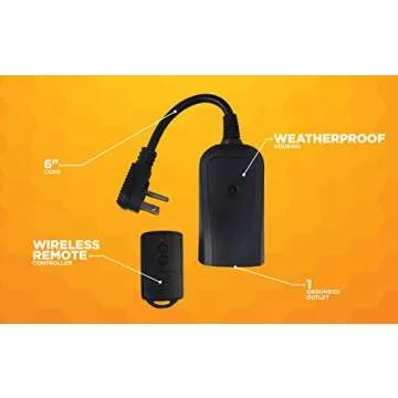 Woods 32555WD Weatherproof Outdoor Electrical Outlet Switch, Wireless Remote Control Plug In, 100 ft Control Range, Weatherproof Remote Control Converter, 60-ft Frequency Range, 1 Pack, Black