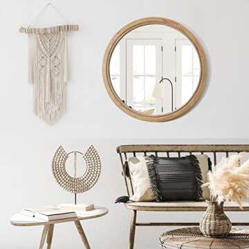 sawsile Round Decorative Mirror 24inch Circle Farmhouse Style Mirror Rustic Natural Wooden Frame Beads Mirror for Bedroom, Bathroom, Living Room or Entryway