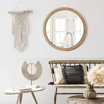 sawsile Round Decorative Mirror 24inch Circle Farmhouse Style Mirror Rustic Natural Wooden Frame Beads Mirror for Bedroom, Bathroom, Living Room or Entryway