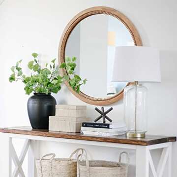 sawsile Round Decorative Mirror 24inch Circle Farmhouse Style Mirror Rustic Natural Wooden Frame Beads Mirror for Bedroom, Bathroom, Living Room or Entryway