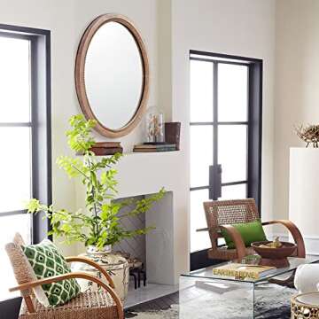 sawsile Round Decorative Mirror 24inch Circle Farmhouse Style Mirror Rustic Natural Wooden Frame Beads Mirror for Bedroom, Bathroom, Living Room or Entryway