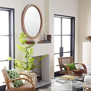 sawsile Round Decorative Mirror 24inch Circle Farmhouse Style Mirror Rustic Natural Wooden Frame Beads Mirror for Bedroom, Bathroom, Living Room or Entryway