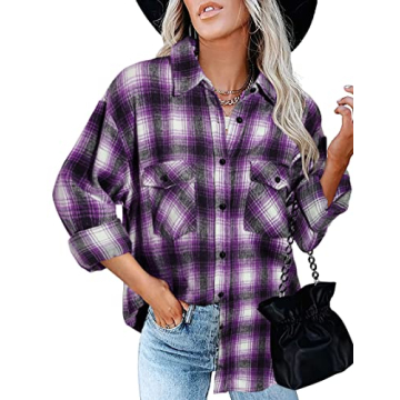 BTFBM Womens Plaid Jacket Long Sleeve Button Down Casual Flannel Shacket Shirts Loose Fall Spring Bl...