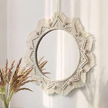 Dremisland Macrame Wall Mirror-15 Inch Round Mirror with Macrame Fringe, Boho Decorative Hanging Mir...