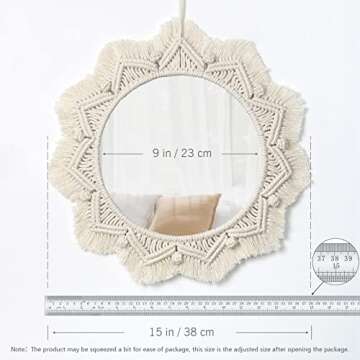 Dremisland Macrame Wall Mirror-15 Inch Round Mirror with Macrame Fringe, Boho Decorative Hanging Mirror Wall Decor Art Ornament for Apartment Home Bedroom Living Room Baby Nursery (Beige)