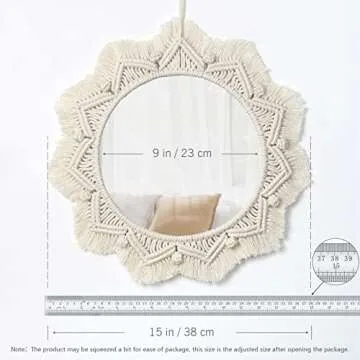 Dremisland Macrame Wall Mirror-15 Inch Round Mirror with Macrame Fringe, Boho Decorative Hanging Mirror Wall Decor Art Ornament for Apartment Home Bedroom Living Room Baby Nursery (Beige)