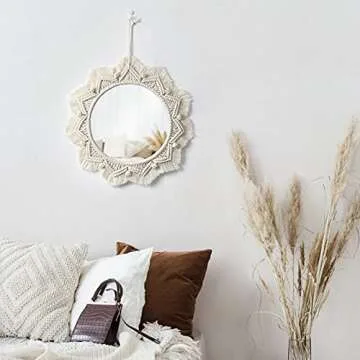 Dremisland Macrame Wall Mirror-15 Inch Round Mirror with Macrame Fringe, Boho Decorative Hanging Mirror Wall Decor Art Ornament for Apartment Home Bedroom Living Room Baby Nursery (Beige)
