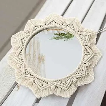 Dremisland Macrame Wall Mirror-15 Inch Round Mirror with Macrame Fringe, Boho Decorative Hanging Mirror Wall Decor Art Ornament for Apartment Home Bedroom Living Room Baby Nursery (Beige)