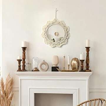 Dremisland Macrame Wall Mirror-15 Inch Round Mirror with Macrame Fringe, Boho Decorative Hanging Mirror Wall Decor Art Ornament for Apartment Home Bedroom Living Room Baby Nursery (Beige)