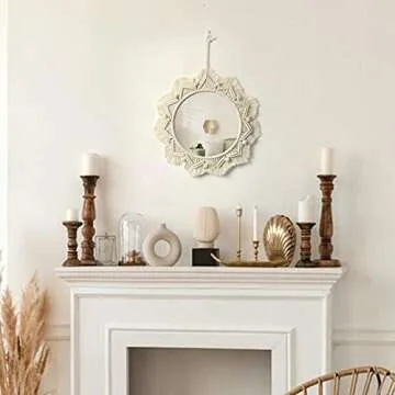 Dremisland Macrame Wall Mirror-15 Inch Round Mirror with Macrame Fringe, Boho Decorative Hanging Mirror Wall Decor Art Ornament for Apartment Home Bedroom Living Room Baby Nursery (Beige)