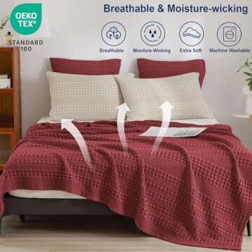 PHF 100% Cotton Waffle Weave Blanket King Size, Soft Lightweight Breathable Cozy Blankets for Bed, L...