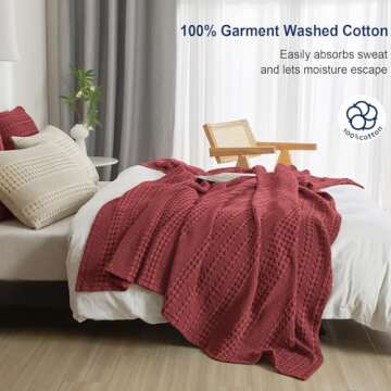 PHF 100% Cotton Waffle Weave Blanket King Size, Soft Lightweight Breathable Cozy Blankets for Bed, Luxury Aesthetic Woven Bedding for Home Decor, 108"x90", Wine Red