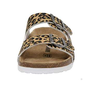 CUSHIONAIRE Lane Cork Footbed Sandals for Women – Comfortable Double Buckle Slip-On with Soft Faux Leather Straps & Arch Support Slides for Women Footwear, LEOPARD 6