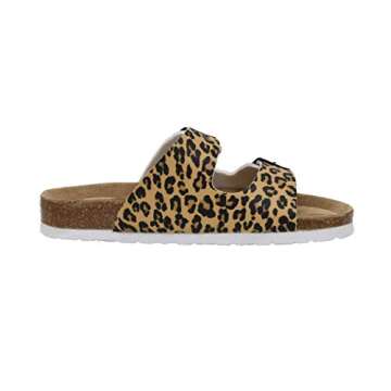 CUSHIONAIRE Lane Cork Footbed Sandals for Women – Comfortable Double Buckle Slip-On with Soft Faux Leather Straps & Arch Support Slides for Women Footwear, LEOPARD 6