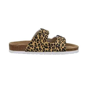 CUSHIONAIRE Lane Cork Footbed Sandals for Women – Comfortable Double Buckle Slip-On with Soft Faux Leather Straps & Arch Support Slides for Women Footwear, LEOPARD 6