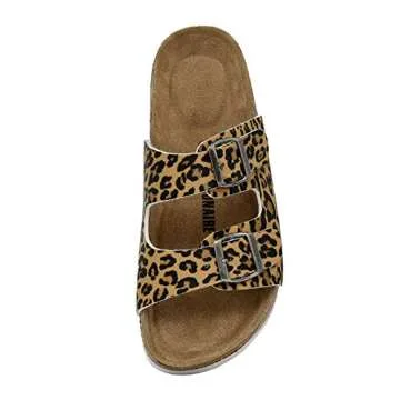 CUSHIONAIRE Lane Cork Footbed Sandals for Women – Comfortable Double Buckle Slip-On with Soft Faux Leather Straps & Arch Support Slides for Women Footwear, LEOPARD 6