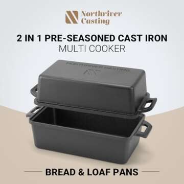 Northriver Casting 2 in 1 Cast Iron Bread Pan with Lid, Loaf Pans 2 Piece Set for Baking Homemade Meatloaf, 9×5 Inch