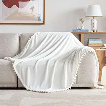 BEAUTEX Fleece Throw Blanket with Pompom Fringe, White Flannel Blankets and Throws for Couch, Super Soft Cozy Lightweight Plush Throw Blanket (50" x 60")