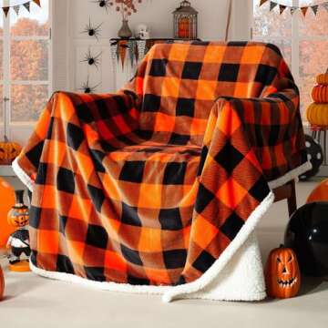 Touchat Sherpa Orange Buffalo Plaid Halloween Twin Blanket 60" X 70", Fall Fuzzy Fluffy Soft Cozy Blanket, Fleece Flannel Plush Microfiber Blanket for Couch Bed Sofa,Halloween Decor(Orange)