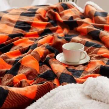 Touchat Sherpa Orange Buffalo Plaid Halloween Twin Blanket 60" X 70", Fall Fuzzy Fluffy Soft Cozy Blanket, Fleece Flannel Plush Microfiber Blanket for Couch Bed Sofa,Halloween Decor(Orange)