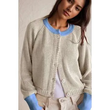 Women's Cropped Cardigan Sweaters Fall Long Sleeve Open Front Cardigans Button Down Color Block Crewneck Knit Outwear Coats Apricot