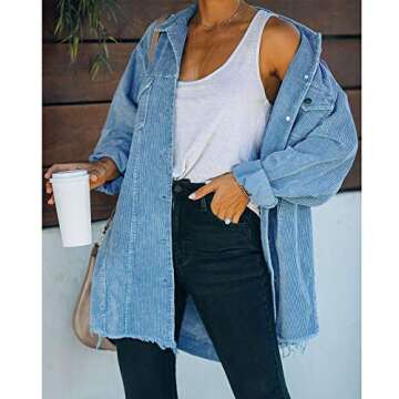 Hixiaohe Women's Casual Oversized Button Down Corduroy Shirt Jacket Coat Washed Retro Shacket (Blue,...
