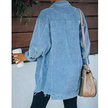 Hixiaohe Women's Casual Oversized Button Down Corduroy Shirt Jacket Coat Washed Retro Shacket (Blue, M)